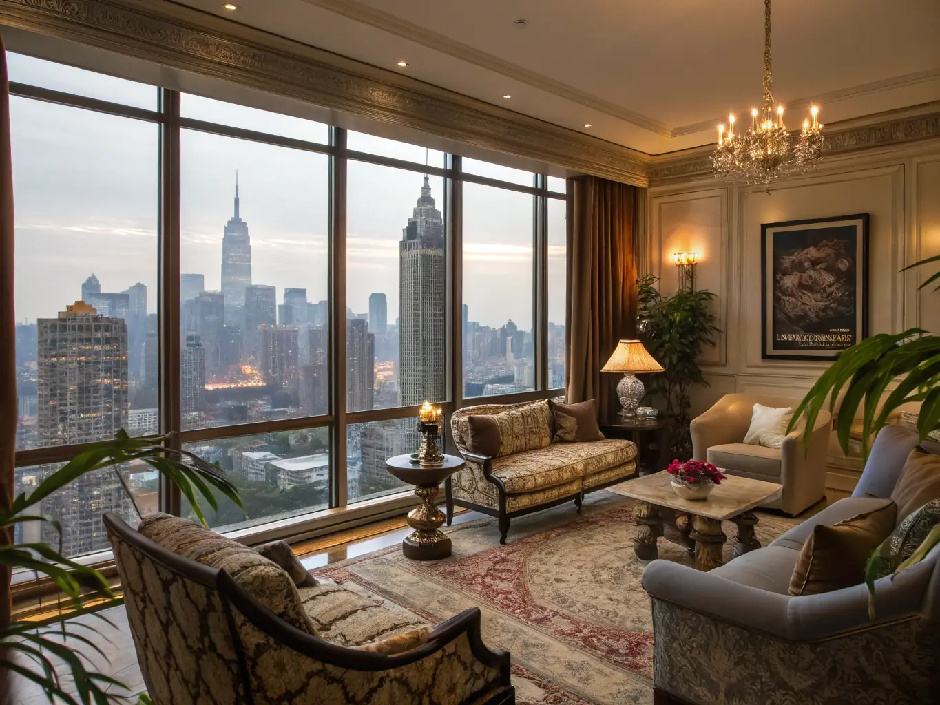 A luxurious three-bedroom apartment showcasing a spacious living room with elegant furnishings, a fireplace, and floor-to-ceiling windows offering panoramic city views. The image should convey a sense of sophistication and grandeur.