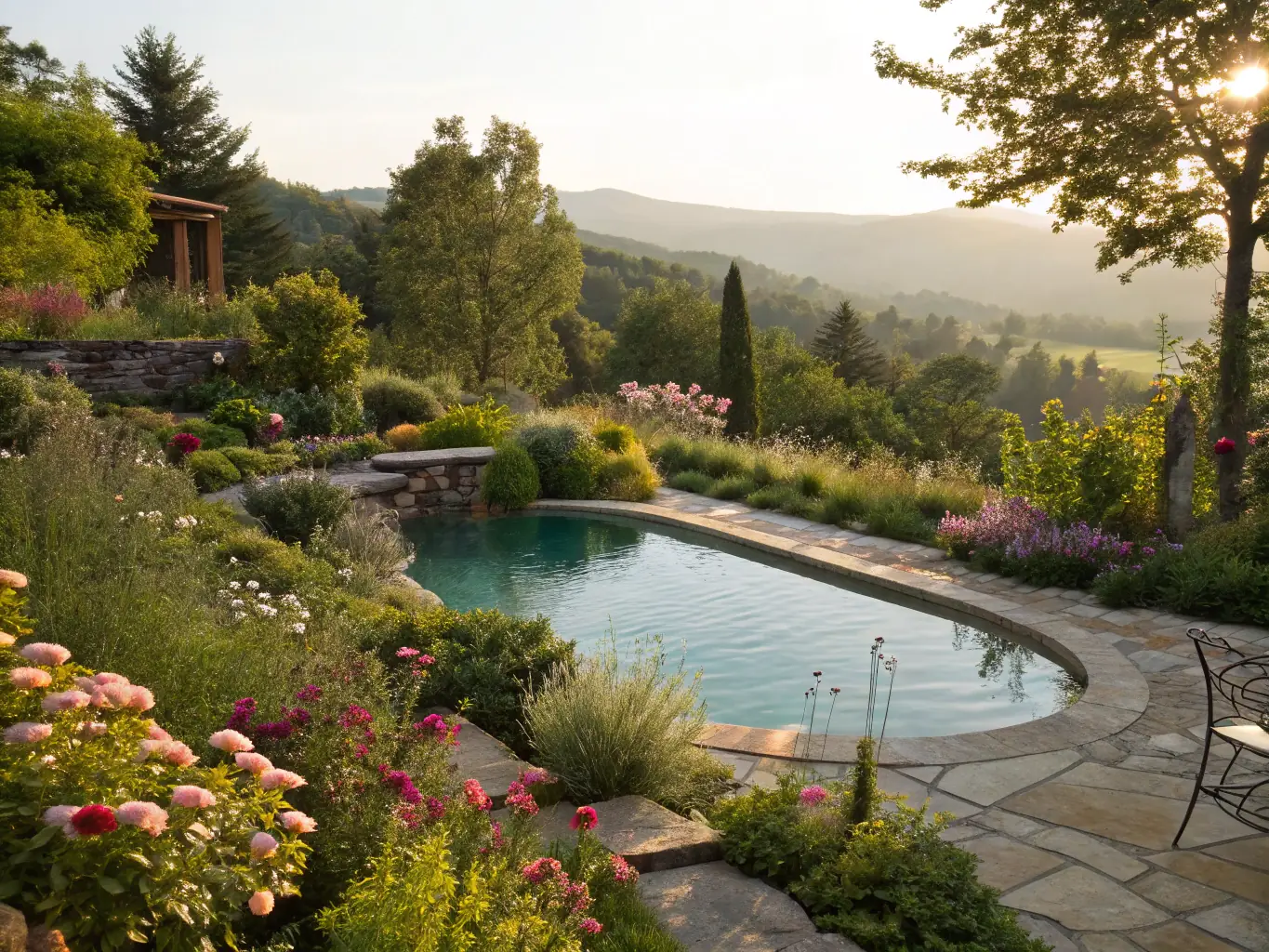 A resort-style swimming pool with comfortable lounge chairs and umbrellas, surrounded by lush landscaping. Residents are relaxing by the pool, enjoying the sun and the serene atmosphere.