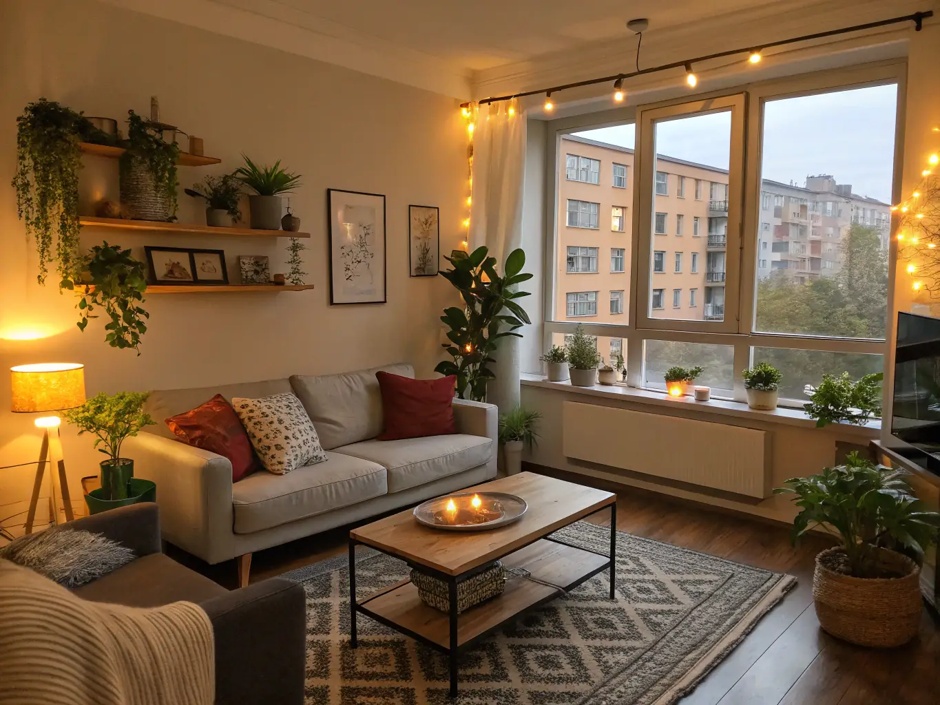 A brightly lit, modern one-bedroom apartment showcasing an open-concept living area with hardwood floors, a stylish sofa, and a large window with natural light streaming in. The image should convey a sense of spaciousness and contemporary design.