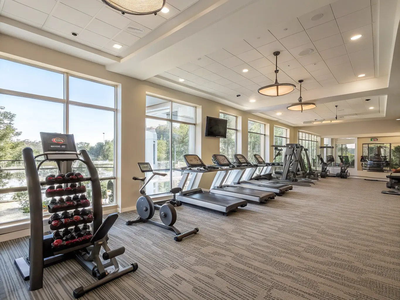 A brightly lit, modern fitness center with state-of-the-art equipment, including treadmills, elliptical machines, and weightlifting stations. Several residents are actively working out, showcasing the facility's appeal and functionality.