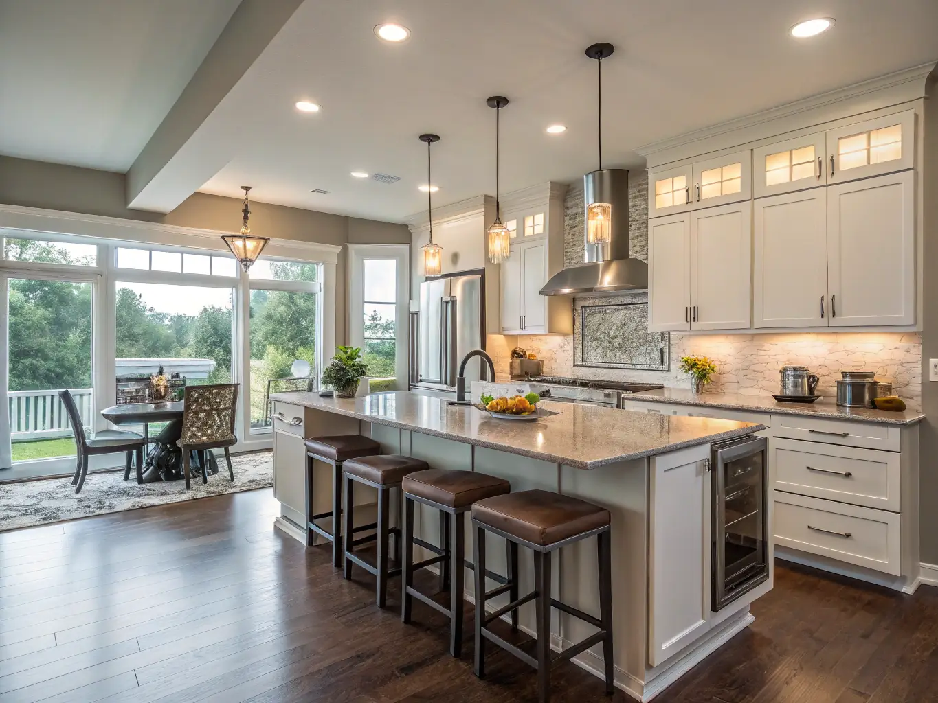 A beautifully staged two-bedroom apartment featuring a gourmet kitchen with stainless steel appliances, granite countertops, and a breakfast bar. The image should highlight the apartment's upscale features and spacious layout.