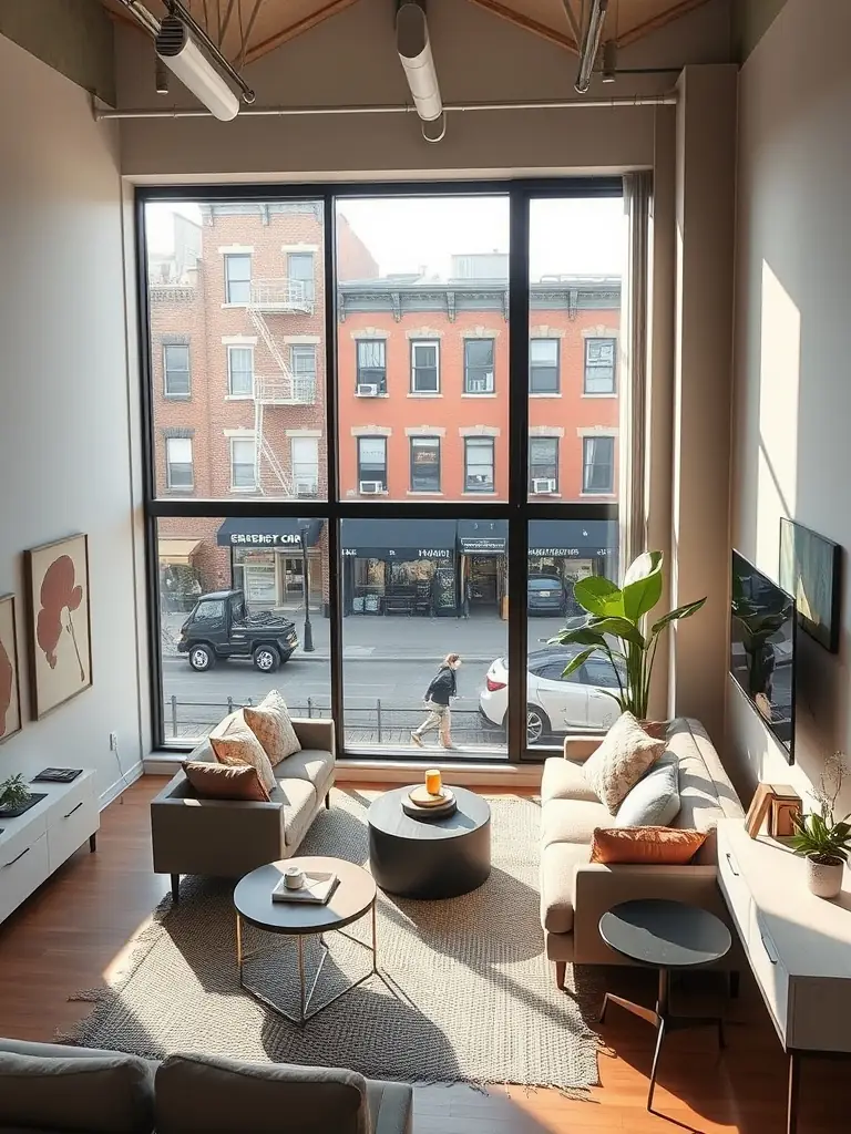 A bright and airy studio apartment interior at Hanover Preston Hollow, featuring modern furnishings, a large window with city views, and a well-equipped kitchenette.