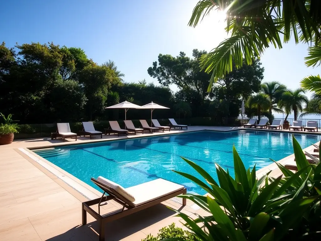 A photograph capturing the Hanover Preston Hollow's resort-style pool area, complete with comfortable lounge chairs, lush landscaping, and a serene atmosphere, highlighting relaxation and leisure.