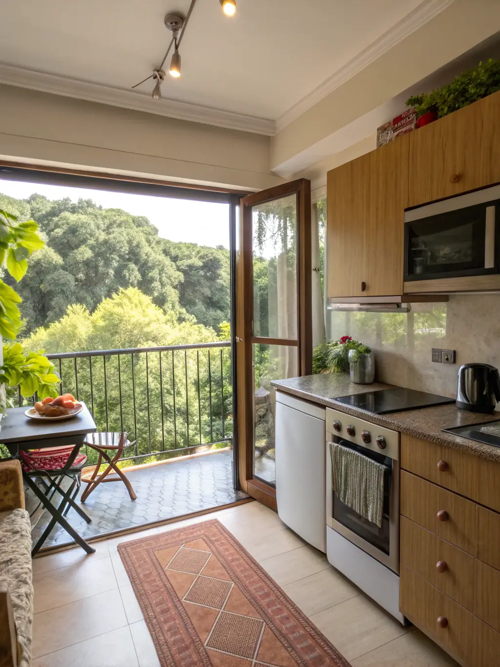A spacious one-bedroom apartment at Hanover Preston Hollow, showcasing an open-concept living and dining area, hardwood floors, and a private balcony overlooking lush greenery.