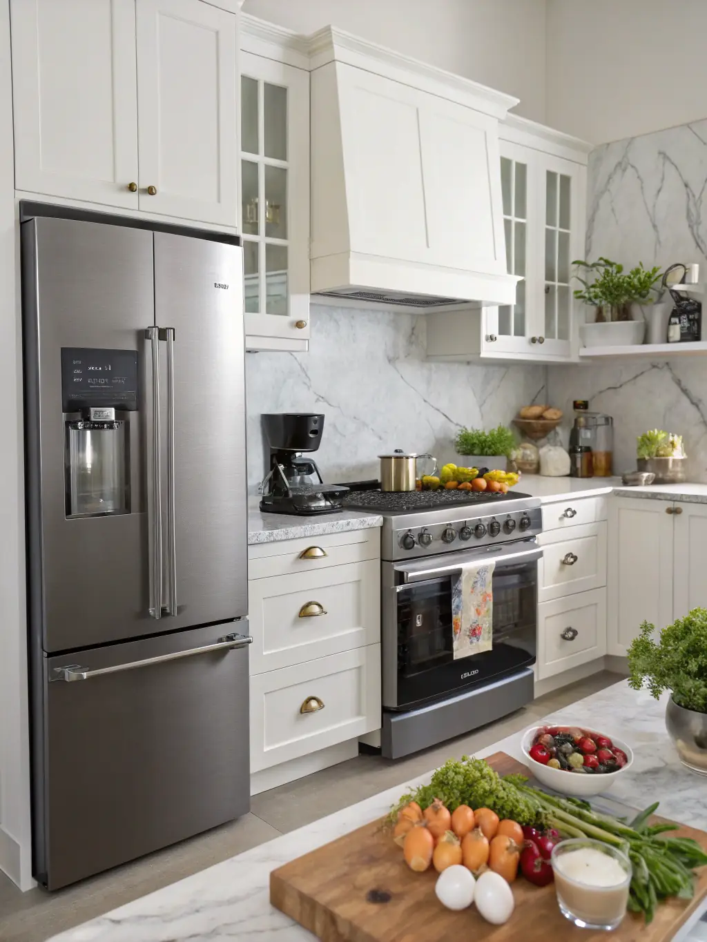 A luxurious two-bedroom apartment at Hanover Preston Hollow, featuring a gourmet kitchen with stainless steel appliances, a large island, and a separate dining area perfect for entertaining.
