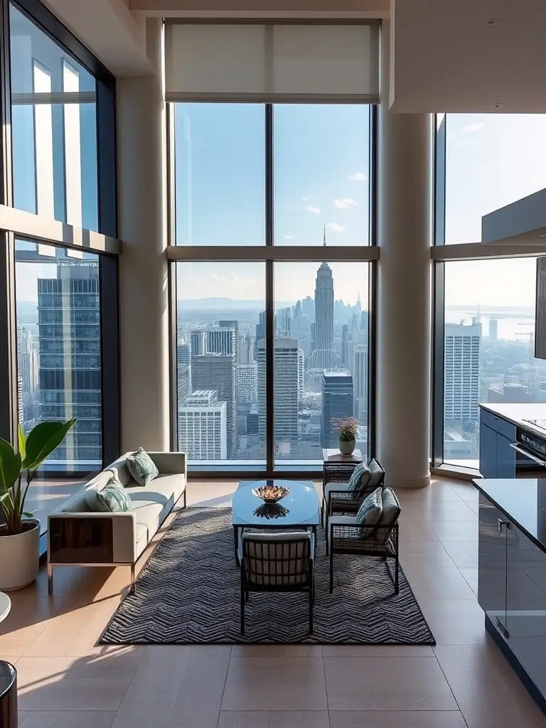 A premium penthouse apartment at Hanover Preston Hollow, showcasing floor-to-ceiling windows with panoramic city views, a private terrace, and high-end finishes throughout.