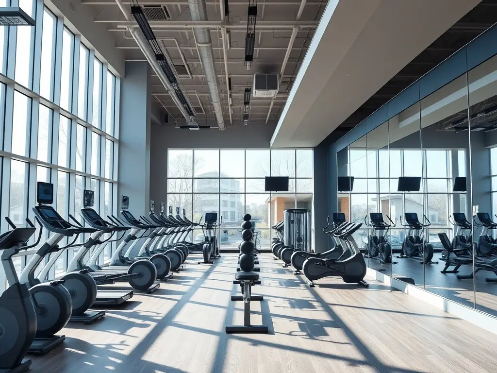 A photograph showcasing the Hanover Preston Hollow's state-of-the-art fitness center, featuring modern equipment, ample space, and natural light, emphasizing a healthy and active lifestyle for residents.